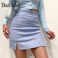 Bazaleas High Waist Split Short Skirt Plaid Mini Skirt Streetwear Tartan Light Blue Women A Line Skirt Saia Womens Harajuku Skirts Aliexpress