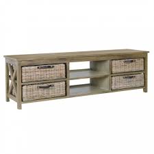 Furniture Rustic Low Profile Tv Console Table With Rattan Basket Storage Made Tv Stand Wood Solid Wood Tv Stand Tv Stand