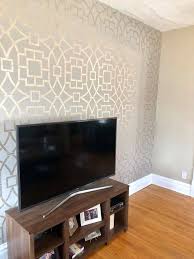 Metallic Stenciled Accent Wall Wallpaper Look Painted Wall Patt Wallpaper Living Room Accent Wall Accent Walls In Living Room Bedroom Wallpaper Accent Wall