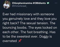 Talk2veee on X: Missionary while playing Celine Dion oraJohnny Drille. The  drilling will be hardcore 🧘‍♀️🧘‍♀️😪 Doggy is for pleasure,no intimacy  but penetration is deeper 😪. Only you will turn and ask
