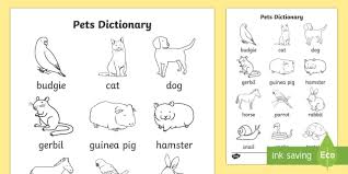 Get alphabet coloring pages of animals with letters too! Pets Dictionary Colouring Sheet