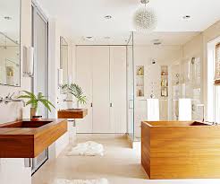 Spa like bathroom features an accent wall clad in white iridescent tiles lined with a teak slatted bench atop mosaic tiled floor. These Bathrooms Will Make You Fall In Love With Contemporary Style Better Homes Gardens