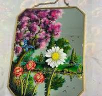Round mirror with pink rose and butterfly design