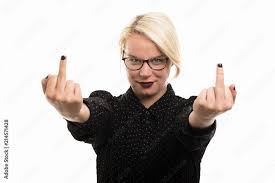 Blonde female teacher wearing glasses showing double middle finger gesture  Stock Photo | Adobe Stock