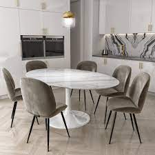 An oval dining table combines the linear simplicity of a rectangular top with the intimacy and comfort of a round one. Oval White Marble Gloss Pedestal Dining Table With 6 Dining Chairs In Mink Velvet Furniture123
