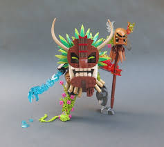 A Nature Spirit Clad In Ancient Mask And Reed Skirt That Protects Its Island With Its Mastery Over The Elements Bu Lego Art Lego Projects Cool Lego Creations