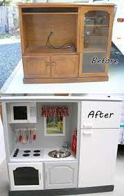 How To Diy Repurpose An Old Entertainment Center Into A Play Kitchen Icreativeideas Com Follow U Diy Play Kitchen Kids Play Kitchen Old Entertainment Centers