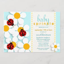 Sweet little ladybug features a bright red ladybug, next to a pink and white flower centered on a black horizontal stripe. Ladybug Shower Invitation Baby Shower Invitations Baby Shower Invitations