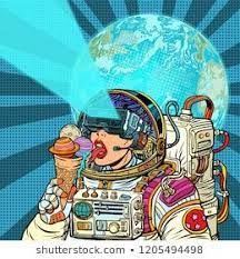 Virtual Reality Woman Astronaut And Space Dreams Woman Astronaut Eats Planets Of The Solar System Like Ice C Pop Art Pop Art Retro Retro Vector Illustration