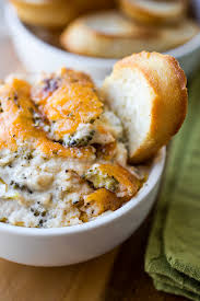 Gooey N Bubbly Broccoli Cheddar Parmesan Dip With Garlic Crostini