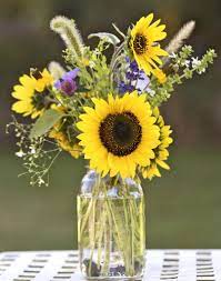 Sunflower Mason Jar Centerpiece For A August Wedding Www Dandelionfarmlander Com Unique Flower Arrangements Mason Jar Centerpieces Flower Arrangements
