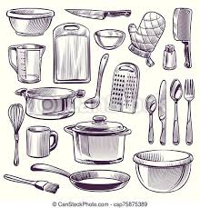 Regarding the floor, because it can be used in décor too, you could use black tiles to create some contrast. Kitchen Utensils Sketch Cooking Equipment Frying Pan Knife And Fork Spoon And Bowl Cup And Glass Cutting Board Doodle Canstock