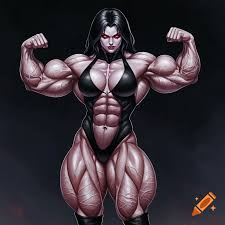Detailed Realistic Comic Style of a Tall Huge Female East Asian Gamma  Mutate Bodybuilder Villain With Matte Black Metal Skin created on Craiyon