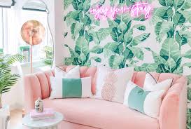 The tufted, circular pink velvet couches in the lobby; A Beverly Hills Hotel Inspired Home Office Creative Home Office Design