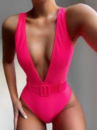Neon Pink Plunging Neck One Piece Swimsuit Trendy Swimsuits Swimsuits Swimsuits Outfits