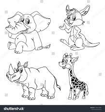 Black And White Vector Illustrations Of Happy Elephant Rhinoceros Giraffe And Kangaroo Cute Cartoon Anima Happy Elephant Animal Coloring Books Happy Animals
