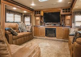 Front living fifth wheel with loft. The Latest Trend In Fifth Wheels Brings The Lounge Upstairs Rv Living Room Luxury Rv Living Rv Living