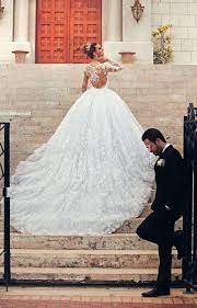 Luxury Cathedral Train Long Sleeve Backless See Through Lace Wedding Dresses Ball Gown Vestido De Noiva Dy 315 Beautiful Wedding Dresses Wedding Dresses Bride