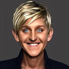 Long hair Ellen DeGeneres, realistic, photo studio,
