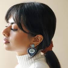 Eye Navy Bead Heart Drop Earrings