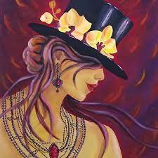 Tableau peinture, peinture sur toile, tableau contemporain, femme chapeau,  la femme aux fleurs - Un grand marché