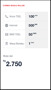 Paket internet malam ini biasanya tergabung menjadi satu dengan paket kuota lainnya, namun ada juga paket internet khusus malam hari yang berdiri sendiri. Combo Mania Telkomsel