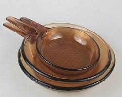 Vision Corning Pyrex Amber Glass Skillet Waffle Saute Fry Pan France Lot Of 3 Vintage Cookware Ceramic Pots Kitchen Dishes