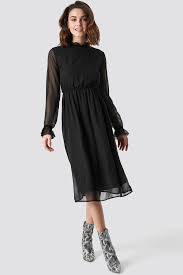 Frill Detail High Neck Chiffon Dress Black Long Sleeve Lace Midi Dress Pleated Dress High Neck Chiffon Dress
