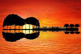 Arbres Disposes En Forme De Guitare Sur Un Fond De Coucher De Soleil Ile De Musique Art De Coucher Du Soleil Peintures De Coucher De Soleil Peinture Abstraite