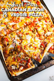 Sheet Pan Pizza With Canadian Bacon And Veggies Canadian Bacon Party Food Dessert Easy Party Desserts
