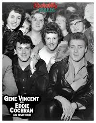 Throwback to 1960: Rockabilly Legends on Tour 🎸✨ Captured here are two  icons of 1950s rock 'n' roll — Gene Vincent and Eddie Cochran — surrounded  by excited fans during their legendary