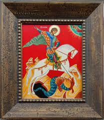 Dating back to the 19th century, this icon depicts st.george on a white horse with an angel crowning him and is shown on a wooden panel. Saint George And The Dragon Eastern Orthodox Icon Framed Let There Be Light Art Classes