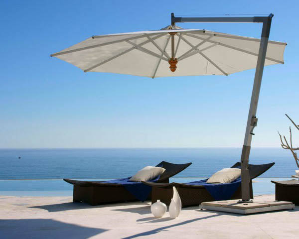 Cantilever garden umbrellas provide unobstructed shade across open decks, AI generated