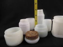 Here are some examples of vintage milk glass utility jars that held many types of products, especially cold cream (face cream), other cosmetics, lotions, salves and ointments. Set Of 3 Max Factor Antique Milk Glass Pots Or Bottles With No Lids Home Decor Home Living Kromasol Com