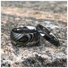 Matching Damascus Rings With 14k White Gold Inlay And Etsy Damascus Steel Wedding Band Damascus Ring Damascus Wedding Band