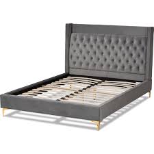 Baxton BBT6740-Dark Grey-King Valery King Platform Bed in Tufted Dark Gray  Velvet & Gold