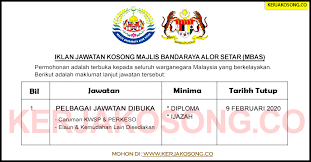 On march 1, 1974, the town board was upgraded to majlis daerah kerajaan tempatan. Jawatan Kosong Majlis Bandaraya Alor Setar Mbas