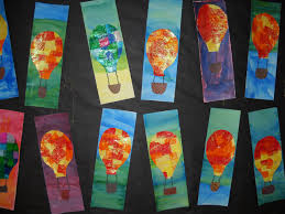 Tertiary Sky With Warm Cool Contrast Balloon Hot Air Balloons Made With Tissue Paper Squares And Glitter Glaze 4th Grade Art Teaching Art Arts And Crafts