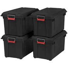 Iris 82 Qt Weather Tight Store It All Storage Bin In Black Pack Of 4 585750 The Home Depot Plastic Box Storage Plastic Storage Totes Plastic Storage