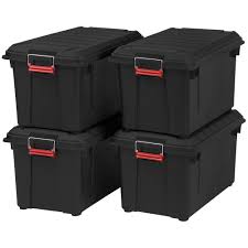 Measures 24.5x 16.75 x 10.5 (base dimensions: Iris 82 Qt Weather Tight Store It All Storage Bin In Black Pack Of 4 585750 The Home Depot