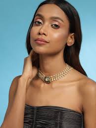 Buy Gold-Plated White Green Brass Kundan Pearls Choker Necklace