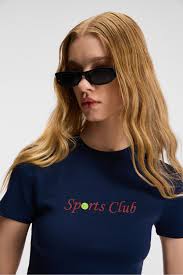 GRIMELANGE MIREZA Kadın Baskı Detaylı Slim Fit Kısa Kollu Yuvarlak Yaka  Lacivert T-Shirt