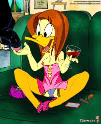 2015 absurd res anthro avian balls beak bird black feathers  breasts brown hair clothed clothing couple daffy duck duck excited feathers  female hair hi res high heels lingerie long