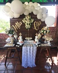Lorena On Instagram A Gorgeous Vintage Christening And First Communion Dessert Table Set Up Holy Communion Party Baptism Decorations Girl Girl Baptism Party