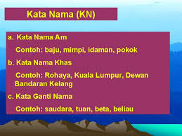 Kata nama am pulak terbahagi kepada dua, kata nama am konkrit dan kata nama am abstrak. Bahasa Melayu Kata Ialah Bunyi Atau Gabungan Bunyi