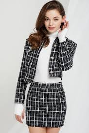 Black And White Plaid Skirt And Jacket Set Karina Boucle Tweed Set Girly Outfits Tweed Outfit Fashion