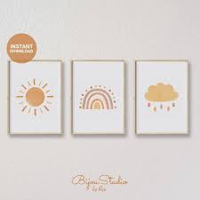 Set Of 3 Boho Nursery Printable Wall Art Sun Rainbow Cloud Art Gender Neutral Print Warm Watercolor Baby Room Decor Instant Download In 2021 Baby Room Wall Decor Nursery Printables Printable Wall Art
