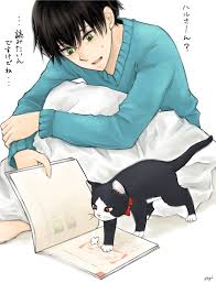nagi (oops), haru (doukyonin wa hiza tokidoki atama no ue.), mikazuki  subaru, doukyonin wa hiza tokidoki atama no ue., highres, translated, 1boy,  artist name, black hair, blue sweater, book, bow, cat, green