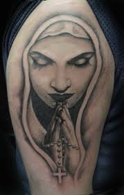 The first one, found in luke 1:28, says, hail, full of grace, the lord is with you! this was mentioned by the angel gabriel when she greeted mary; Praying Virgin Mary With Rosary Cross Tattoo On Shoulder By Lila Rees