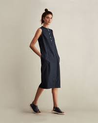 Supple Lightweight Indigo Dyed Denim Tulip Shaped Button Placket With Pleat Below Centre Seam At Back Split Seam Over Sti Workwear Dress Fashion Clothes